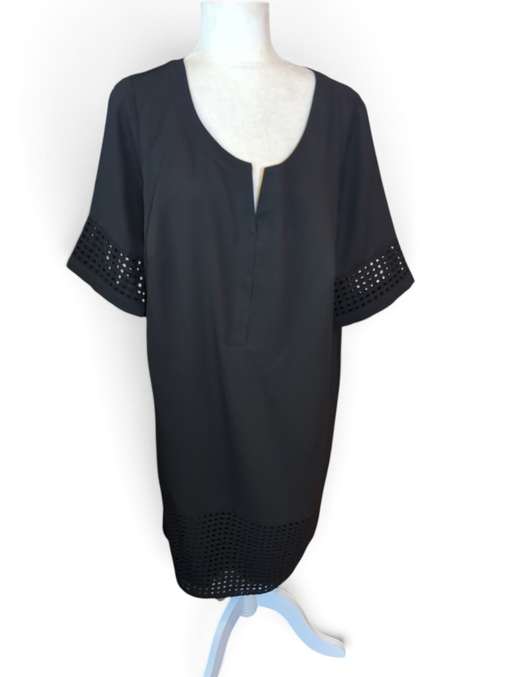 Black Eyelet Trim Split-Neck Sheath Dress Career Work Classic Plus Size 1x